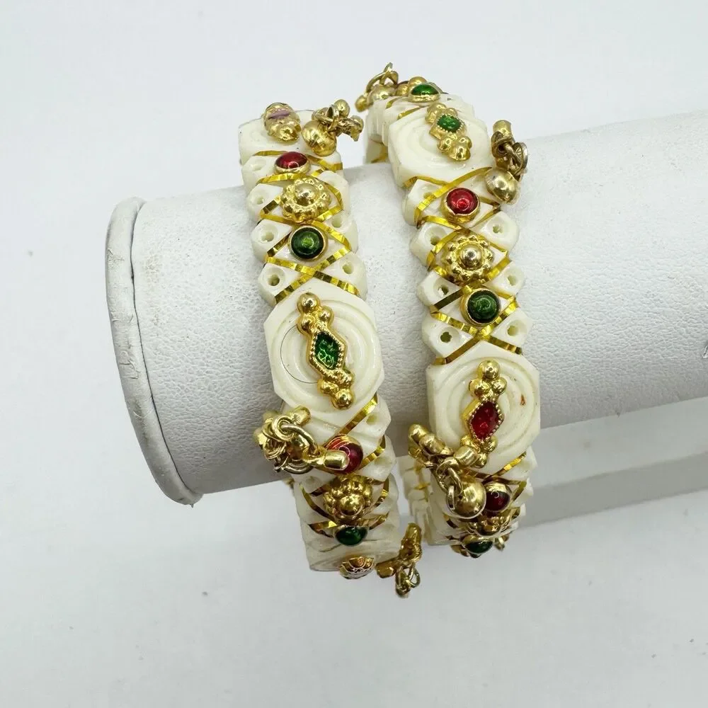 Traditional Indian Bridal Bangle Bracelets White Gold  Colorful Accents Set If 2